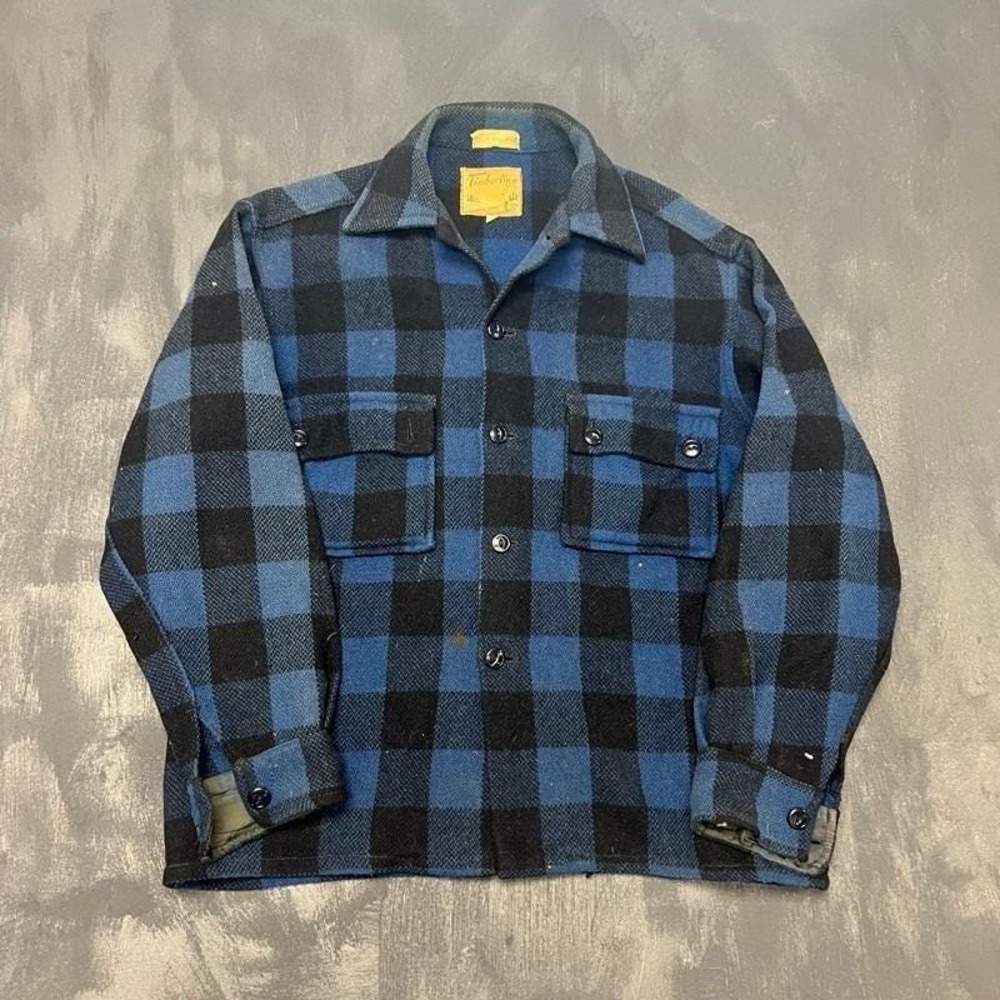 Vintage Timberline Wool Plaid Shirt Mens Medium Blue 1940s